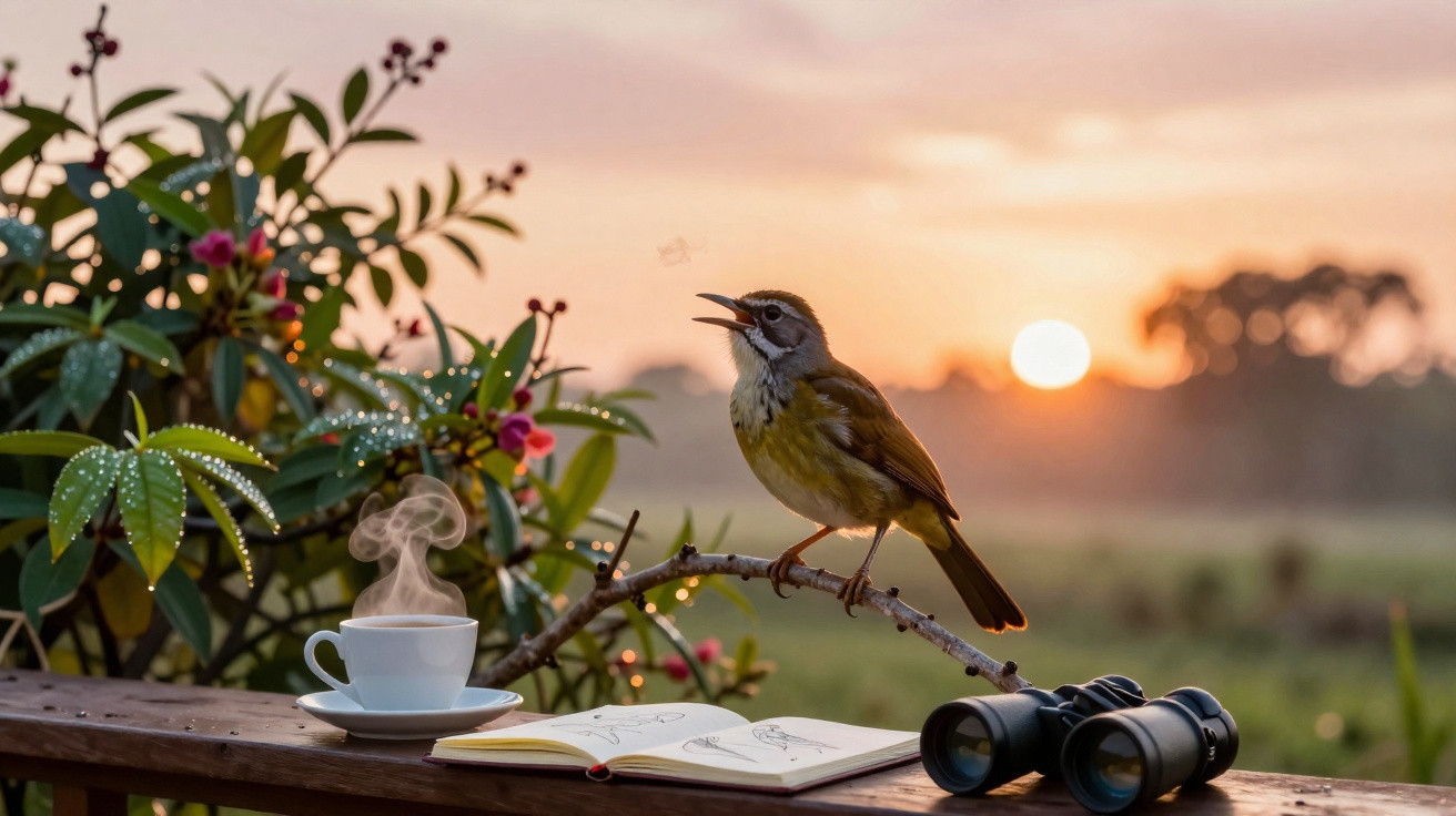Pássaro cantando ao nascer do sol em galho, com xícara de café, livro aberto e binóculos sobre banco de madeira.