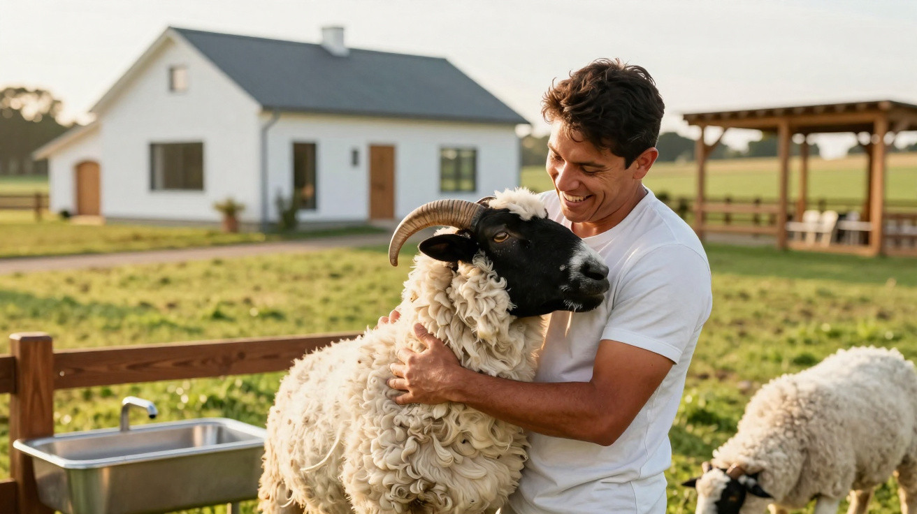 Homem abraça ovelha preta e branca em fazenda com casa e pasto ao fundo.
