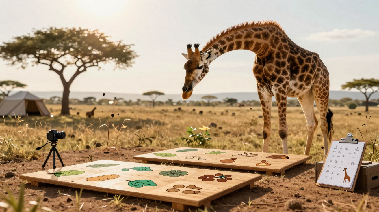 Girafa observando painéis educativos ao ar livre em uma savana africana ensolarada.