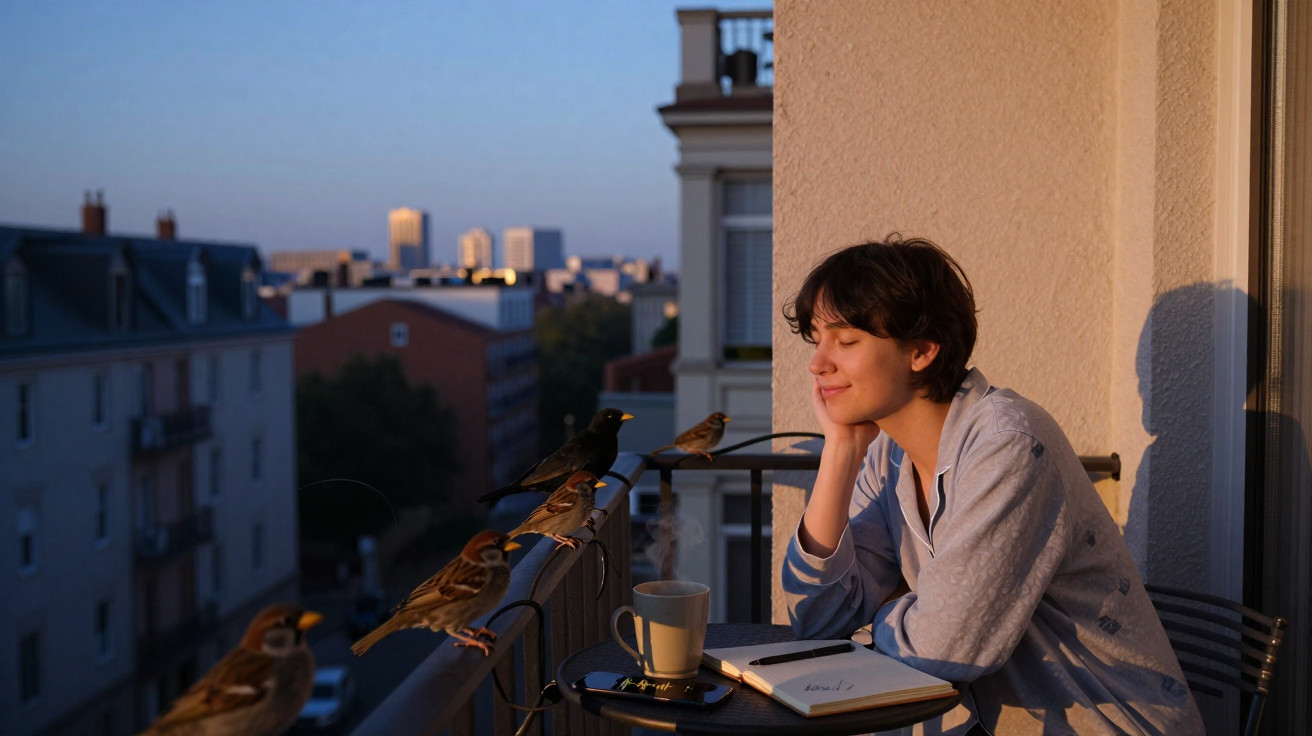 Pessoa sorridente sentada em sacada com xícara de café, caderno aberto e pássaros no parapeito ao entardecer.