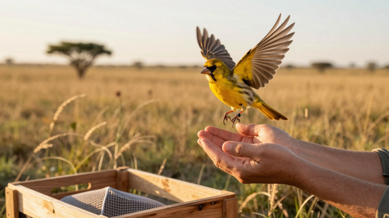 Pássaro amarelo levantando voo da mão de uma pessoa em uma savana ao pôr do sol.
