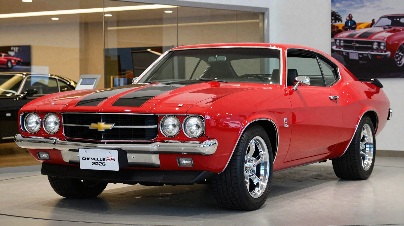 Carro clássico Chevrolet Chevelle SS 2026 vermelho com faixas pretas, em exposição interna.