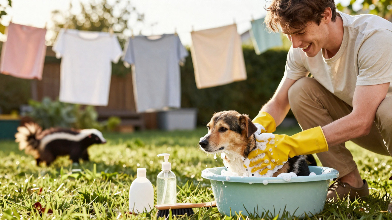 Homem lavando cachorro em bacia ao ar livre com roupas penduradas e gambá ao fundo.