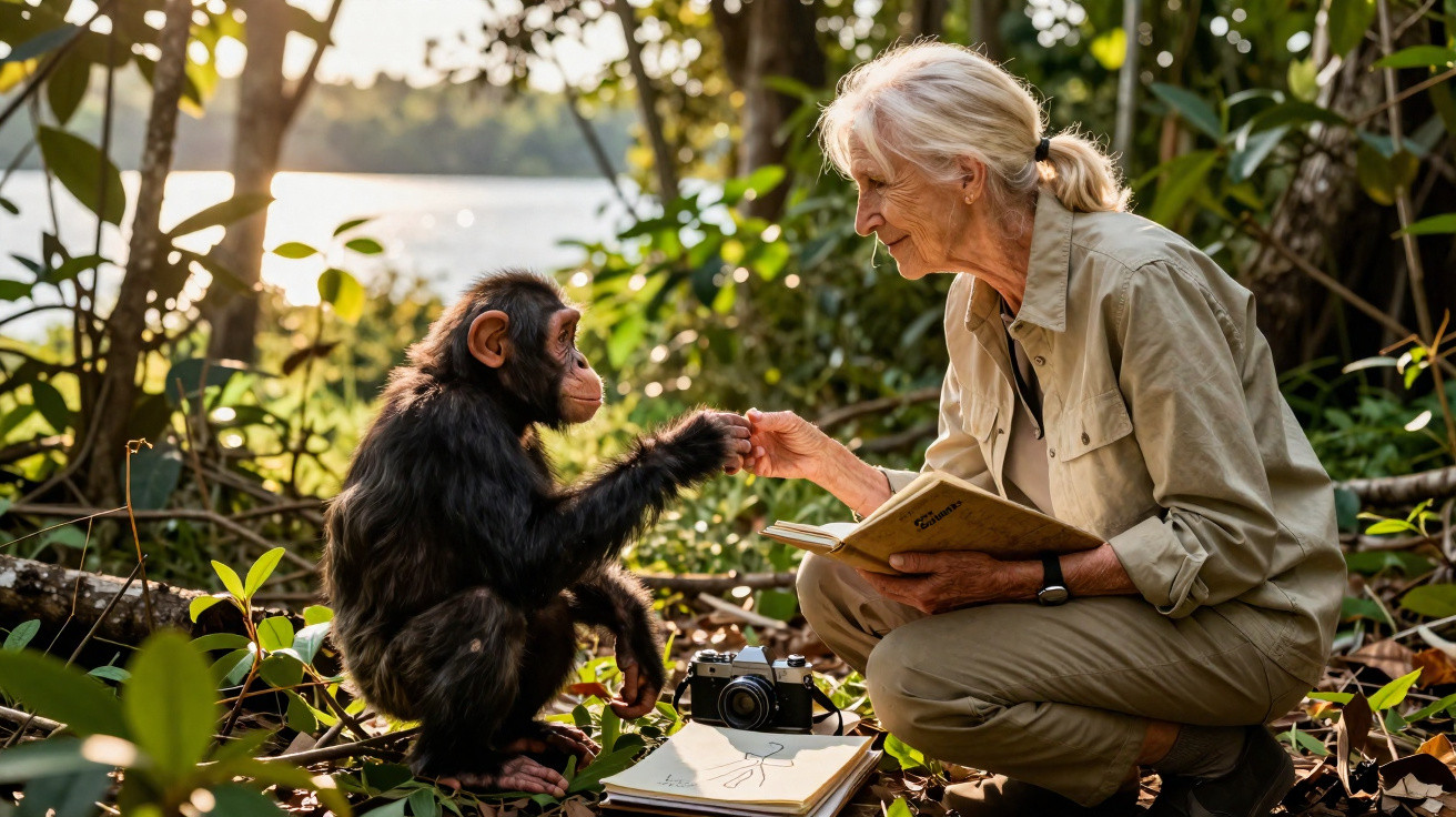 Mulher idosa fazendo contato com chimpanzé em floresta, com caderno e câmera ao lado no chão.
