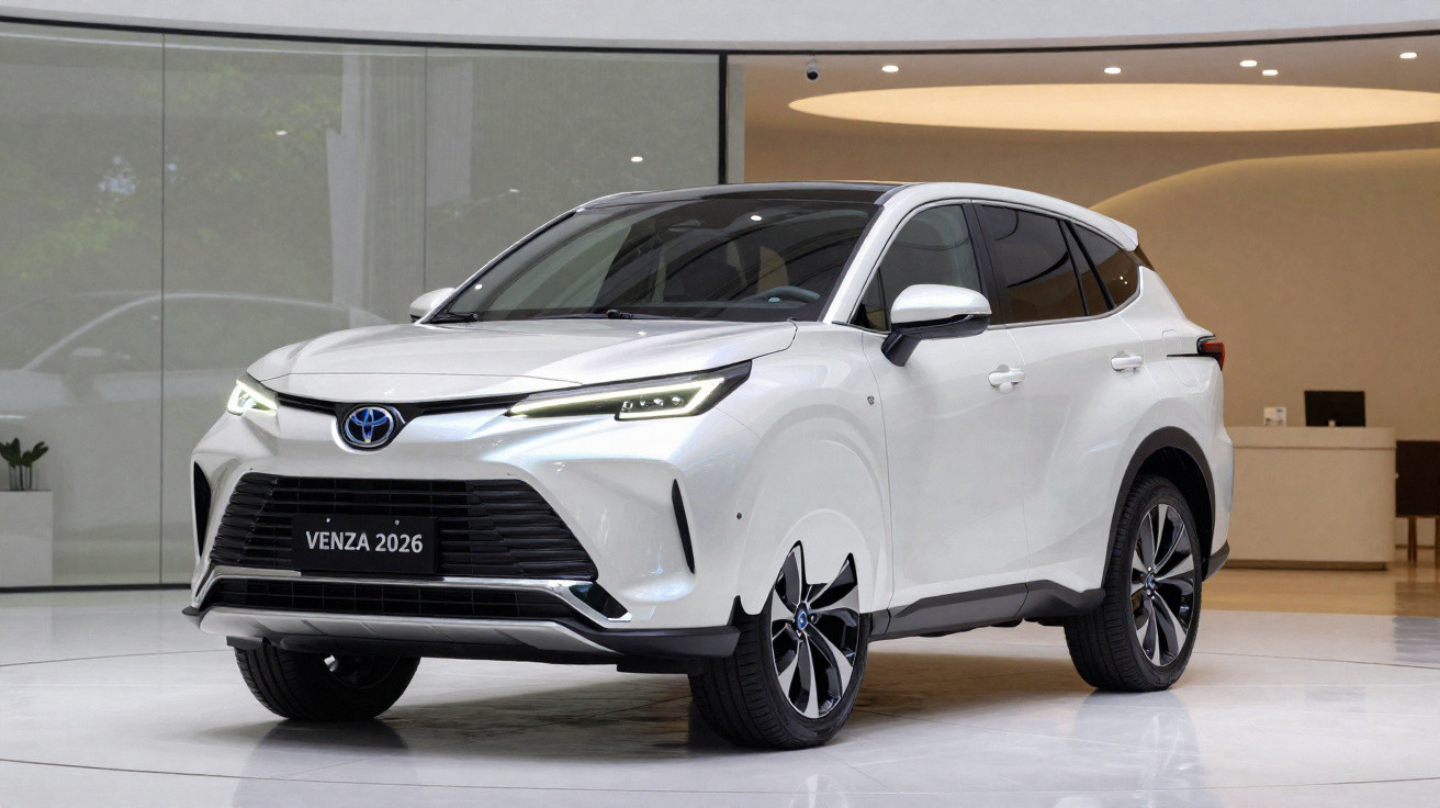 Carro SUV Toyota Venza 2026 branco exibido em showroom moderno com iluminação contínua.