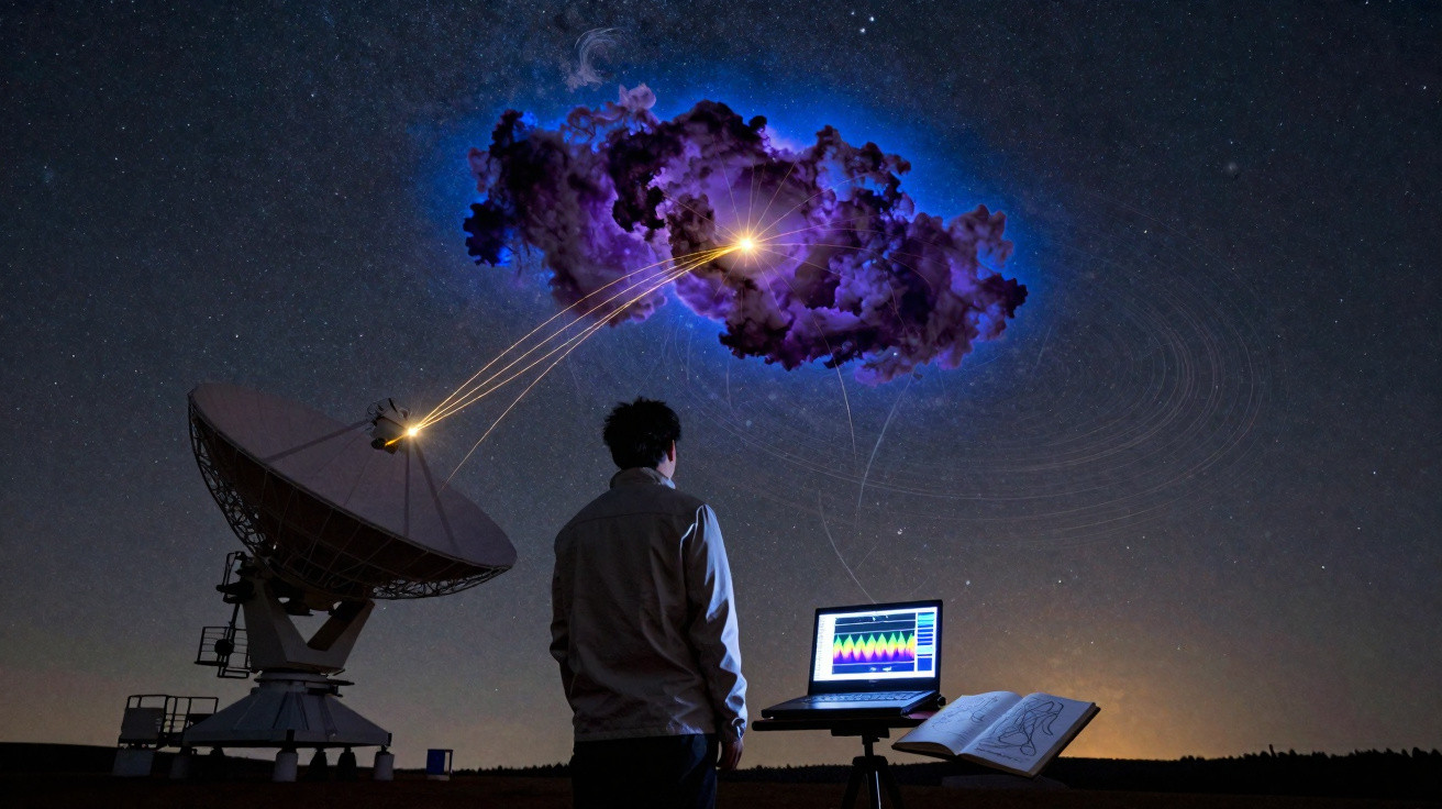 Pessoa observa telas e antena parabólica sob céu estrelado com nuvem digital brilhante conectada à antena.