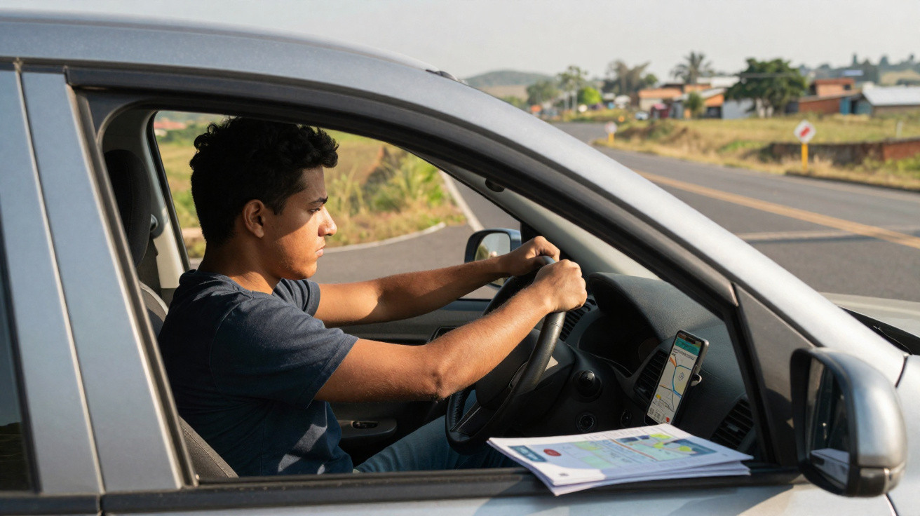 Homem jovem dirigindo carro com mapa e aplicativo de GPS durante trajeto em estrada rural.