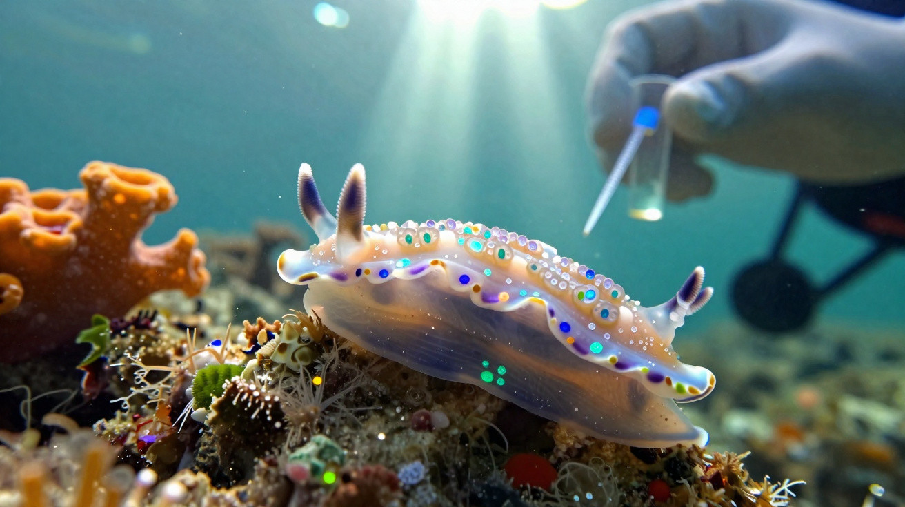 Nudibrânquio colorido em fundo marinho com mão segurando tubo e conta-gotas ao fundo.