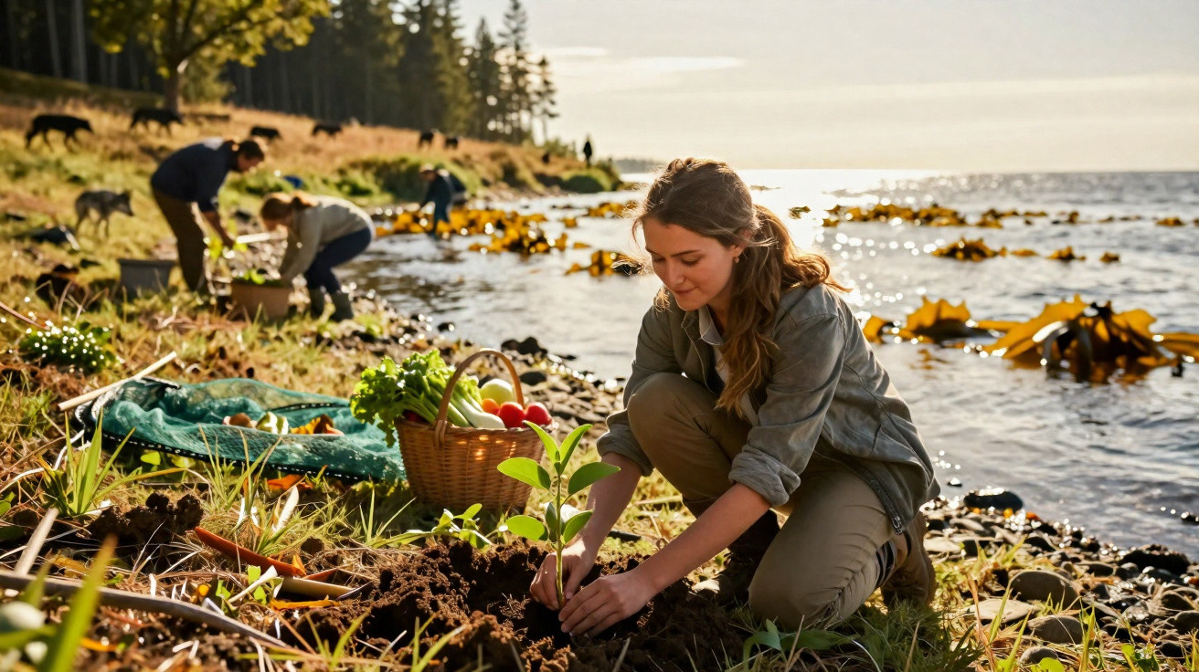 Mulher plantando muda na margem de um lago ao pôr do sol, com cesta de verduras ao lado e outras pessoas ao fundo.