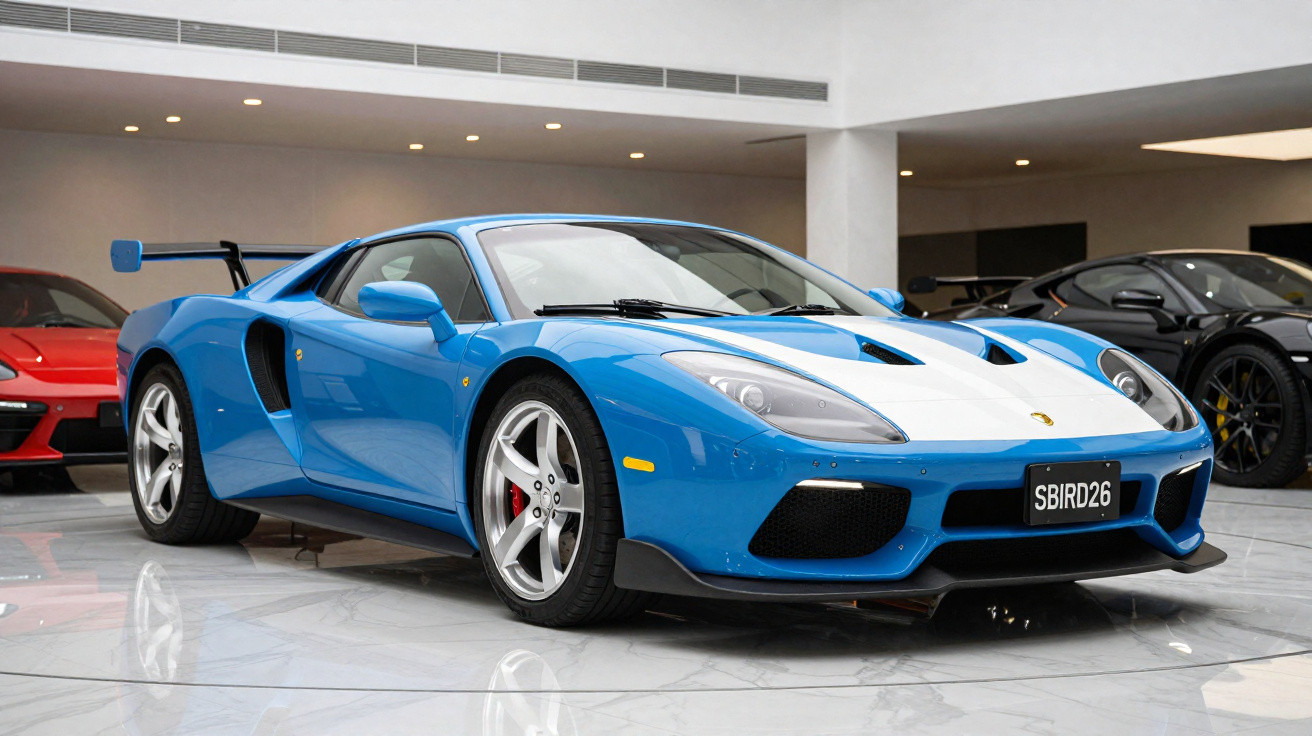 Carro esportivo azul com faixa branca no capô exibido em showroom moderno com piso branco brilhante.