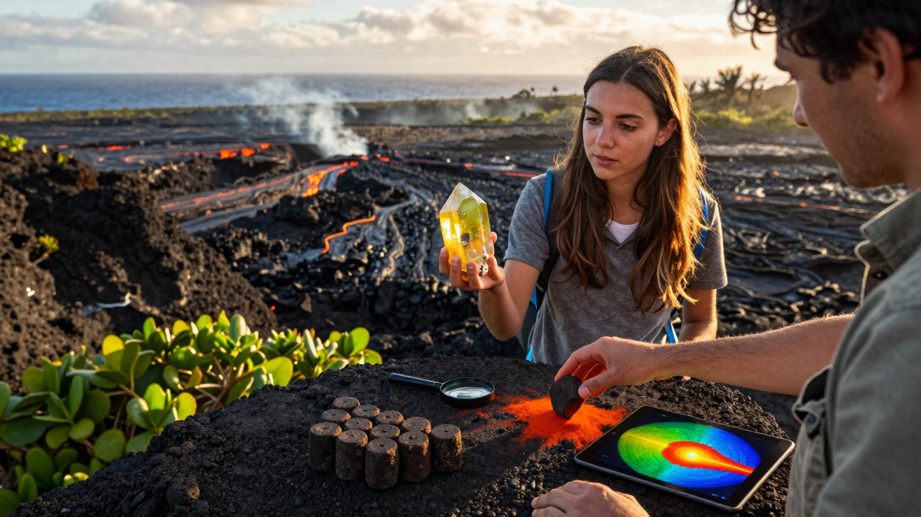 Mulher segura cristal amarelo em paisagem vulcânica com lava, homem analisa amostra e tablet com imagem colorida.
