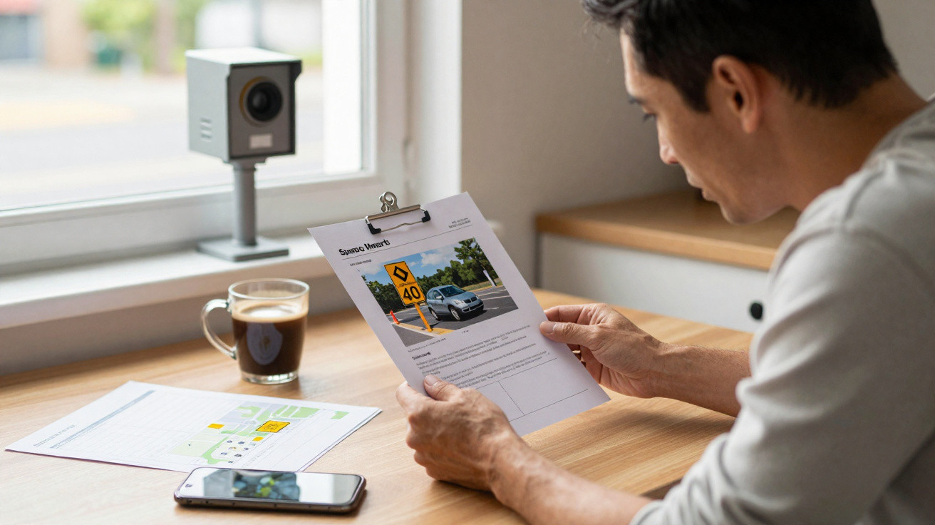 Homem sentado à mesa lendo documento com foto de carro e placa de trânsito, com café e celular ao lado.
