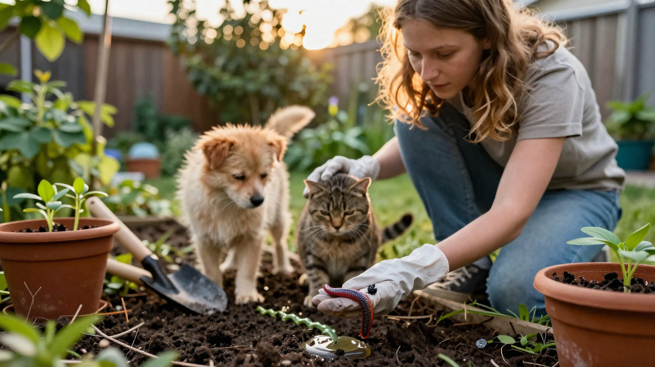 Mulher com luvas branca segura minhoca no jardim enquanto cachorro e gato observam ao redor.