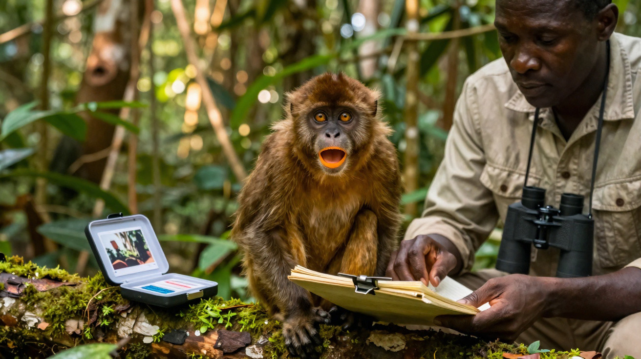 Macaco e pesquisador com binóculos observando anotações em caderno na floresta tropical.