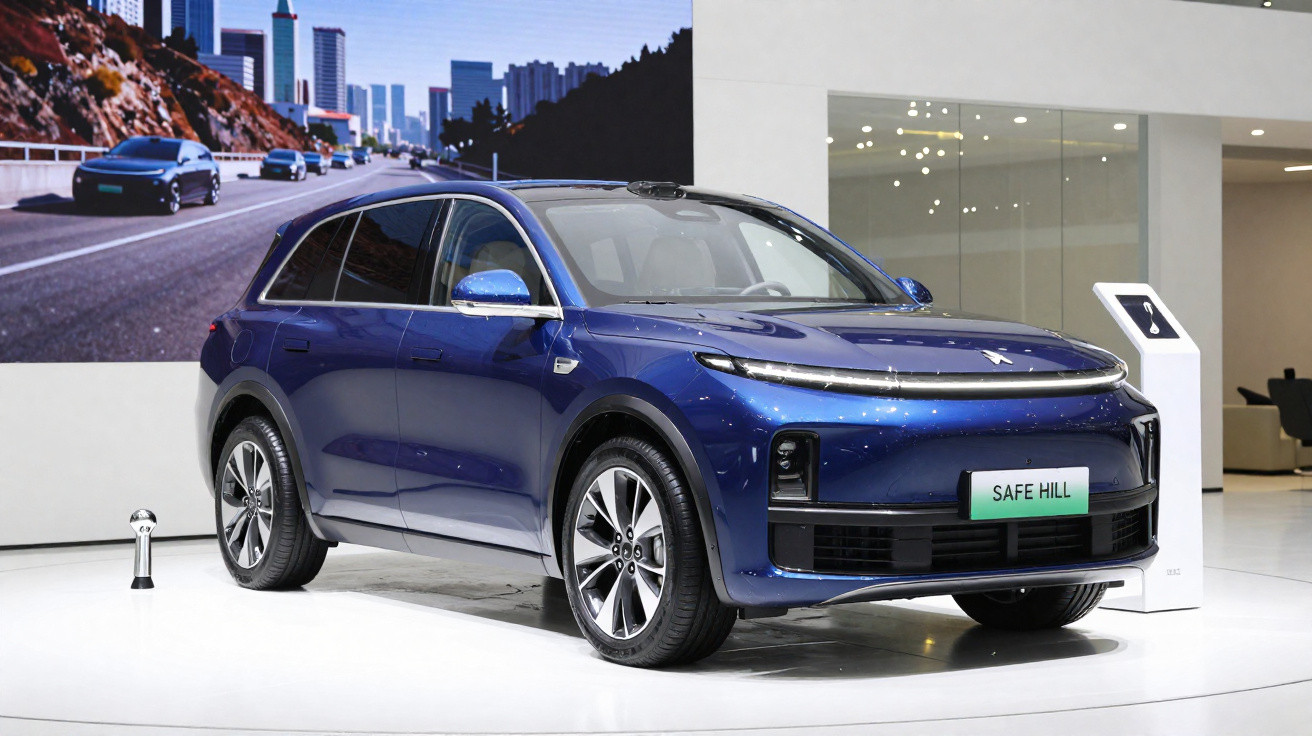 Carro SUV elétrico azul em exposição interna, modelo moderno com placas "SAFE HILL".