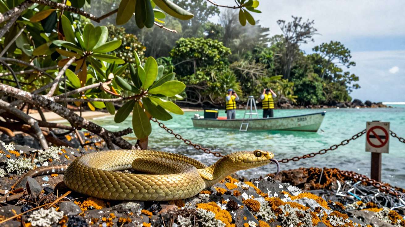 Cobra amarela sobre pedra com liquens à beira-mar, com barco e duas pessoas ao fundo usando coletes salva-vidas.