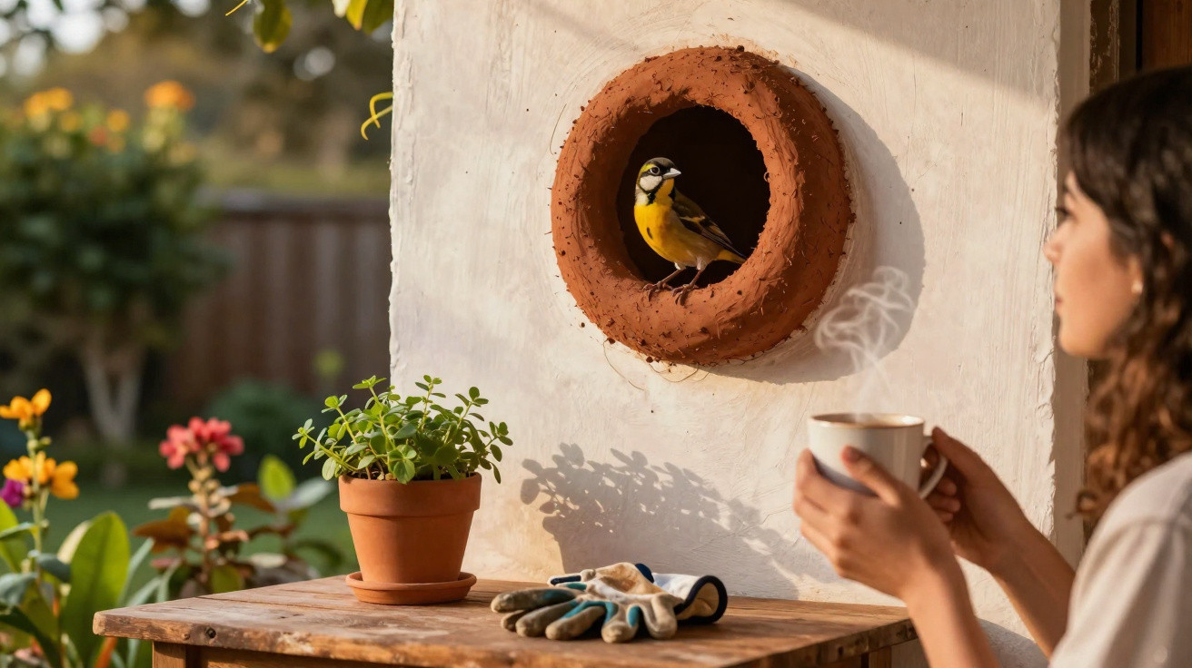 Pássaro amarelo na entrada de um ninho circular na parede, mulher segurando xícara e planta em vaso na mesa.