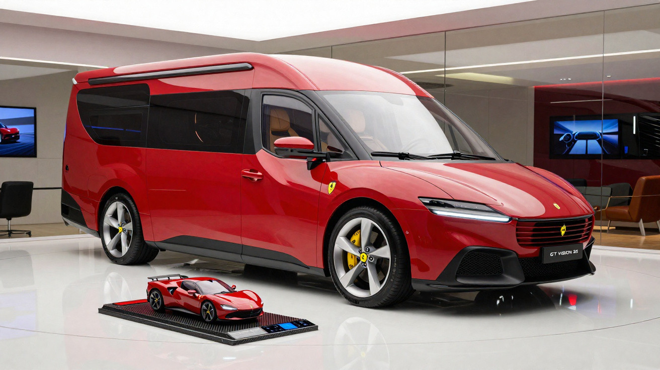 Van esportiva vermelha Ferrari GT Vision 2035 em exposição com modelo em miniatura diante dela.