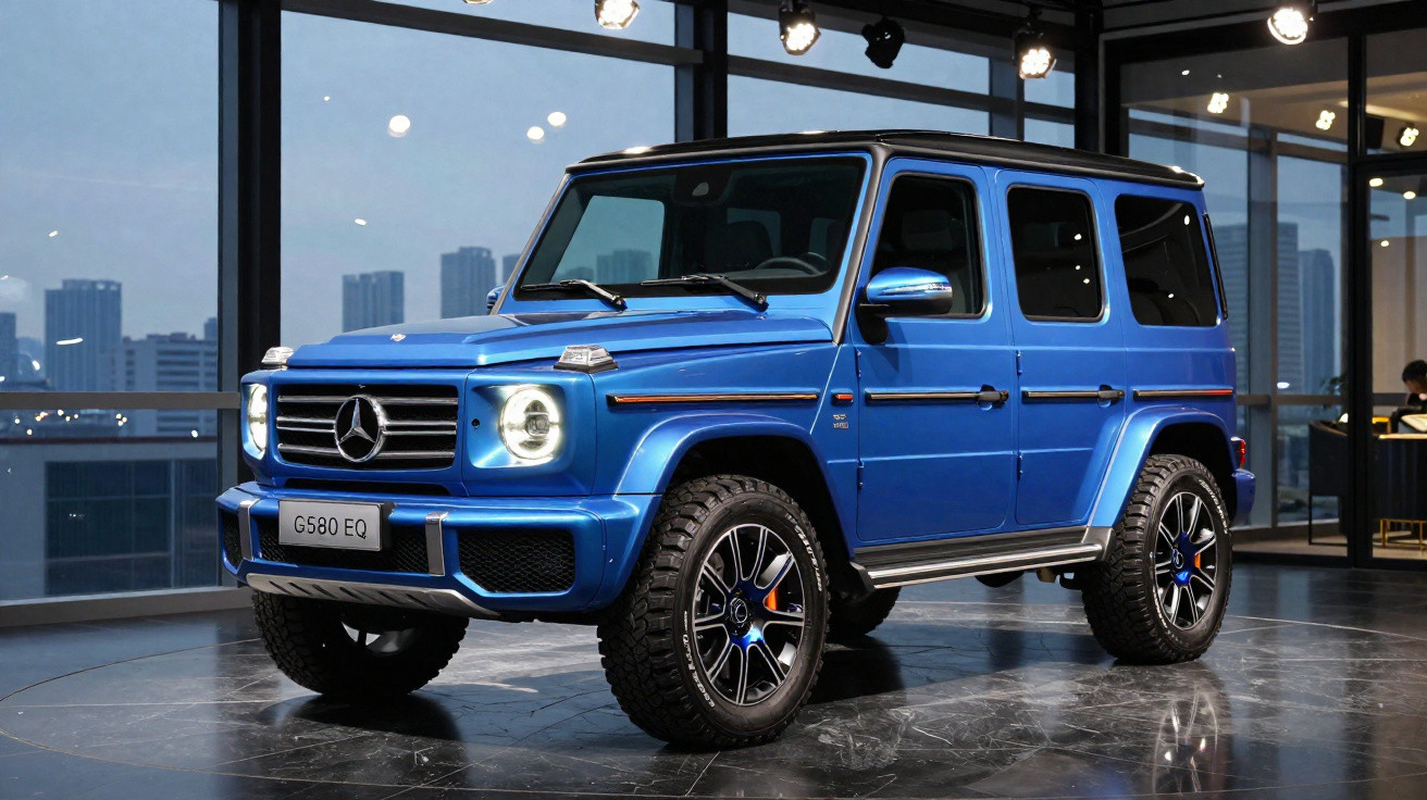 Carro SUV Mercedes-Benz G580 EQ azul exibido em showroom moderno com piso preto brilhante.