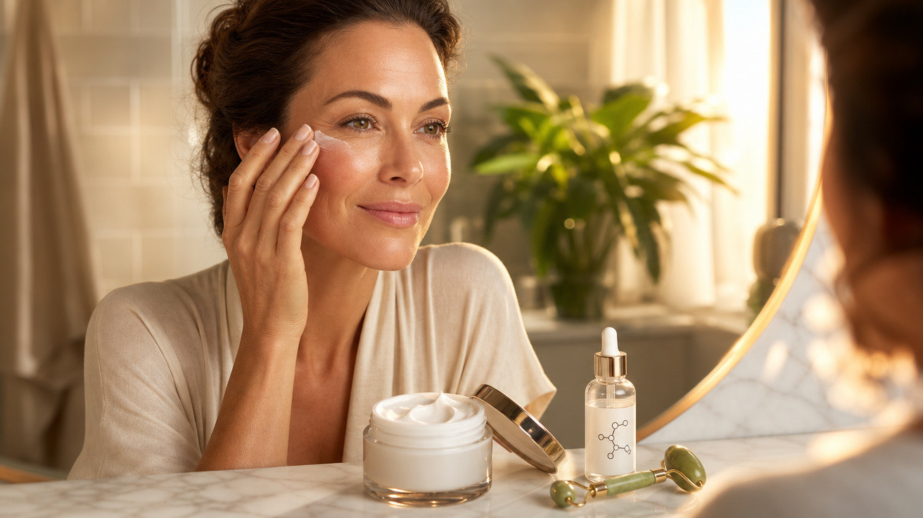 Mulher aplicando creme facial em frente ao espelho com produtos de skincare sobre a bancada.