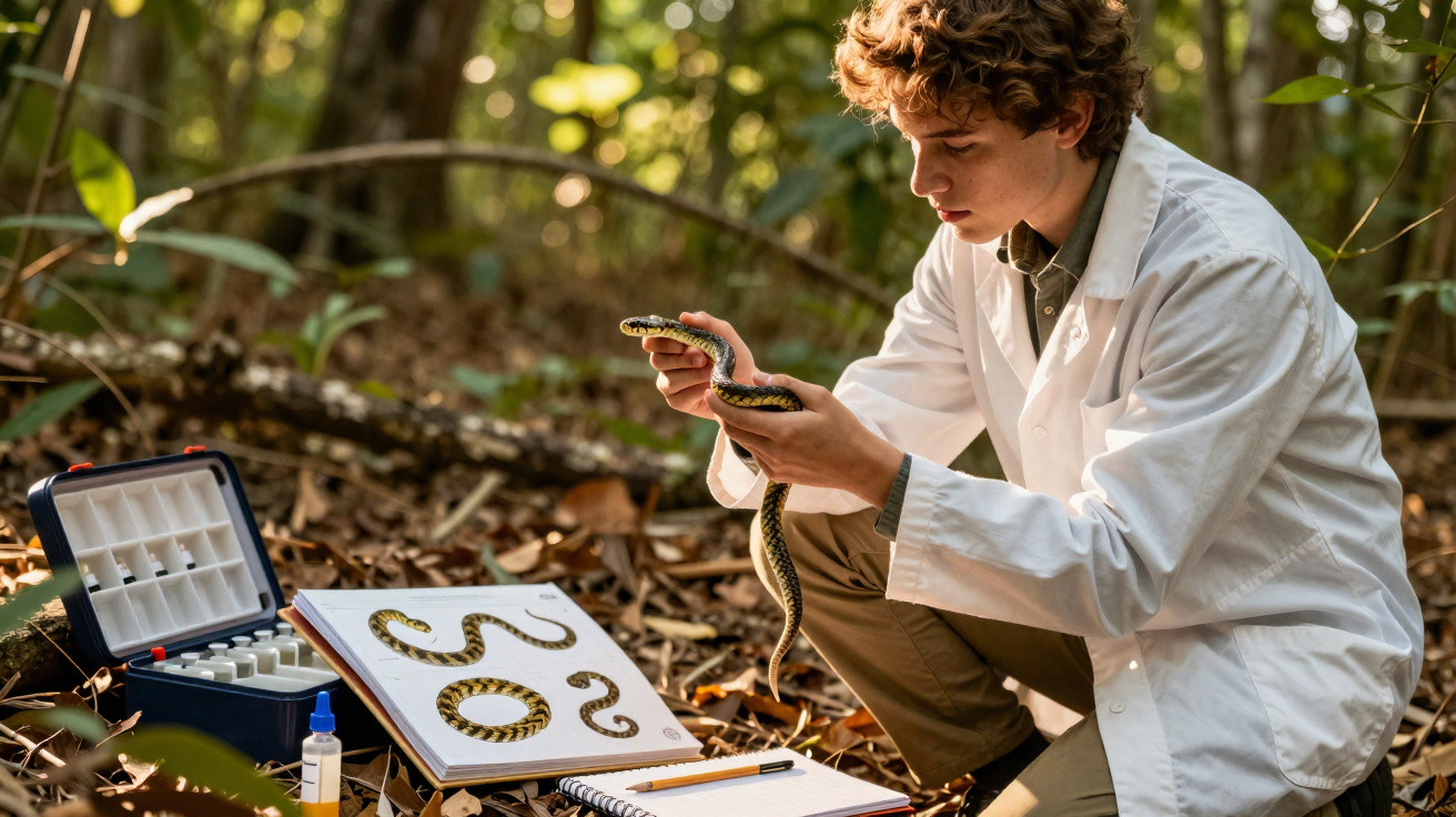 Jovem cientista em jaqueta branca examina cobra na floresta com livros e equipamento ao redor.