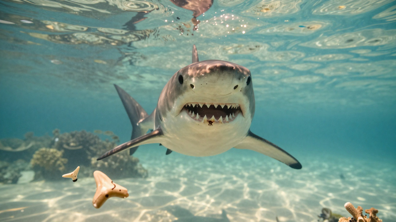 Tubarão nadando próximo ao fundo do mar com água cristalina e corais ao redor.