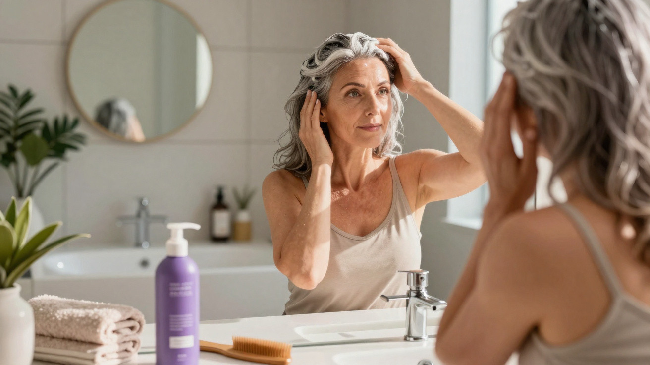 Mulher madura cuidando do cabelo e olhando para o espelho em banheiro com bancada clara.