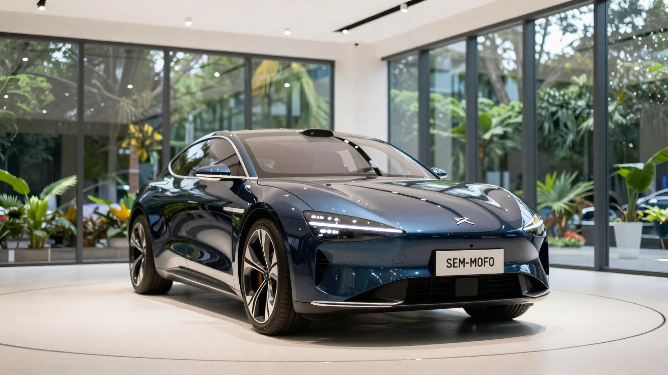 Carro elétrico azul escuro em exposição em salão moderno com grandes janelas e plantas ao fundo.