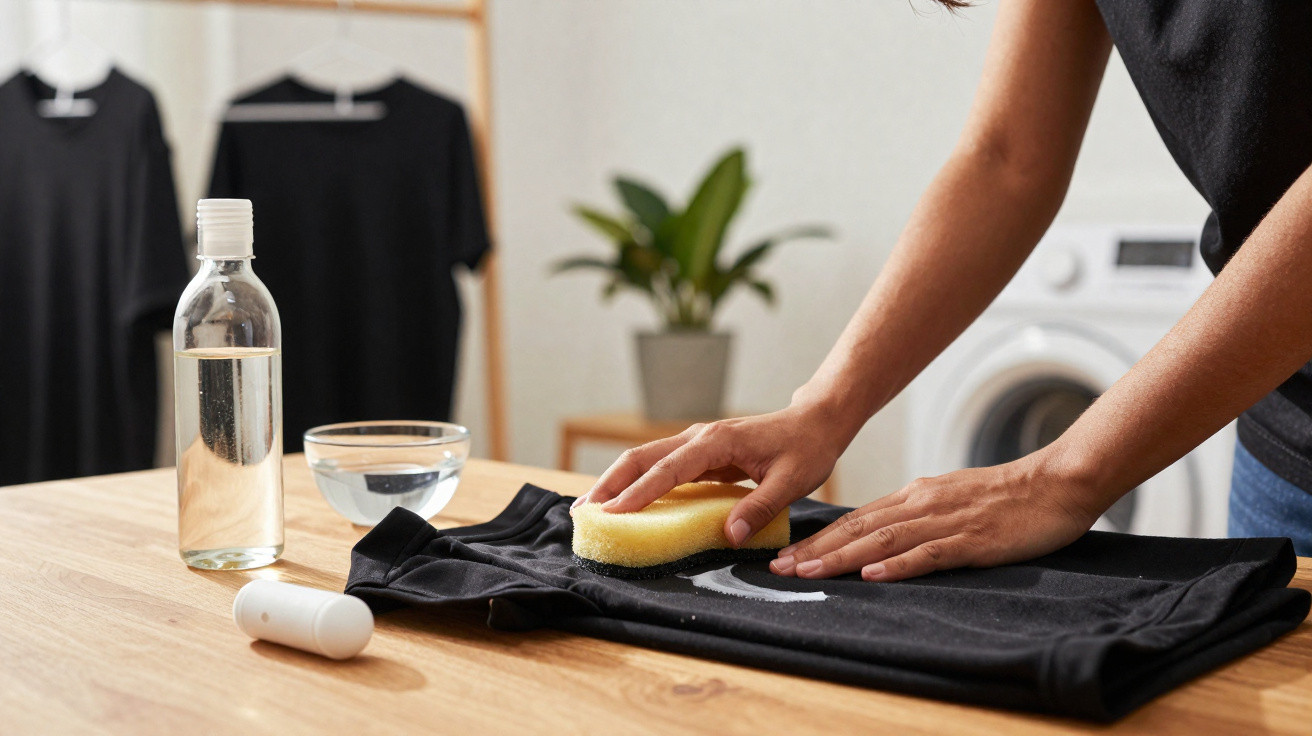 Pessoa limpando camisa preta com esponja em mesa de madeira, com roupas penduradas e máquina de lavar ao fundo.