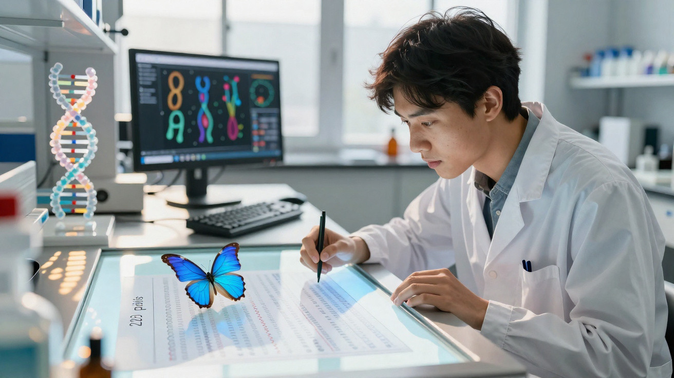 Cientista em laboratório analisando dados genéticos em mesa digital com borboleta azul sobreposta.