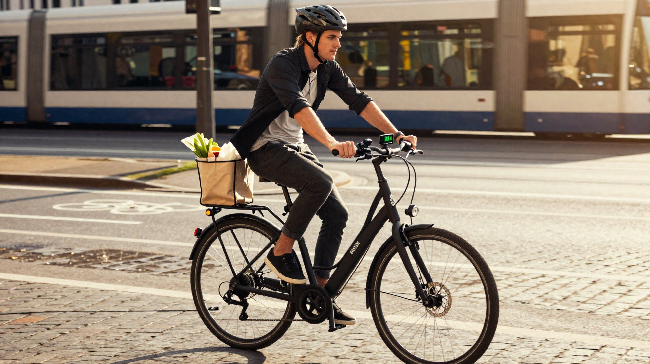 Homem com capacete pedalando bicicleta urbana com sacola de compras na traseira, em área urbana com bonde ao fundo.