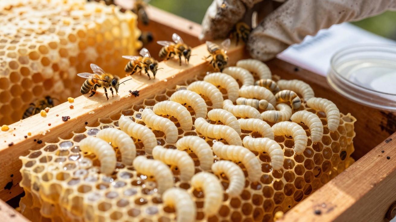 Colmeia com larvas de abelha em cera hexagonal e abelhas adultas voando ao redor.