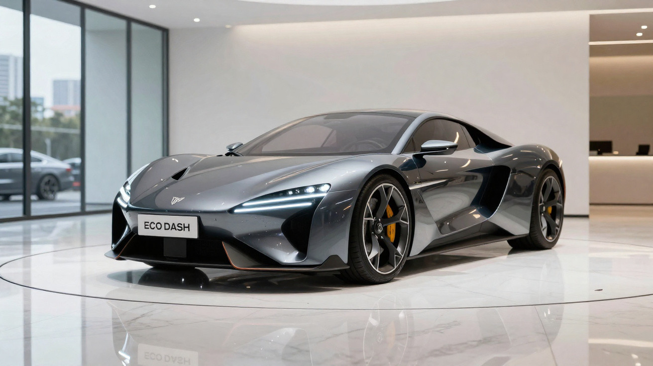 Carro esportivo elétrico cinza Eco Dash exibido em showroom moderno com piso espelhado.