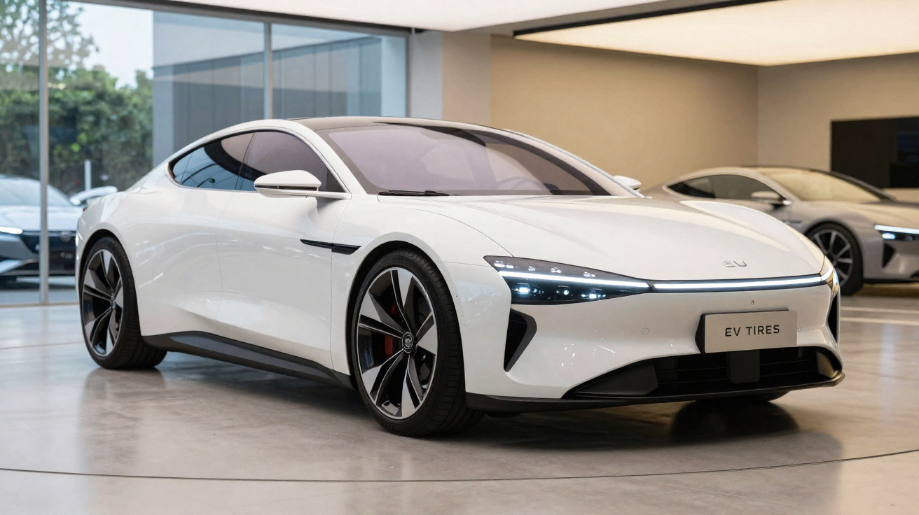 Carro elétrico branco futurista em exposição interna com design aerodinâmico e rodas pretas e prata.