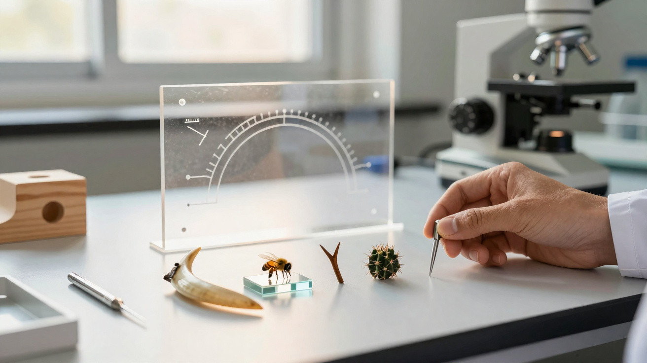 Mão de cientista usando pinça para manipular amostras naturais em bancada de laboratório com microscópio ao fundo.