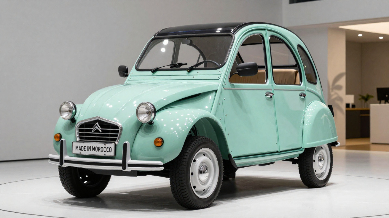 Carro clássico Citroën 2CV verde claro com teto preto em exposição interna.