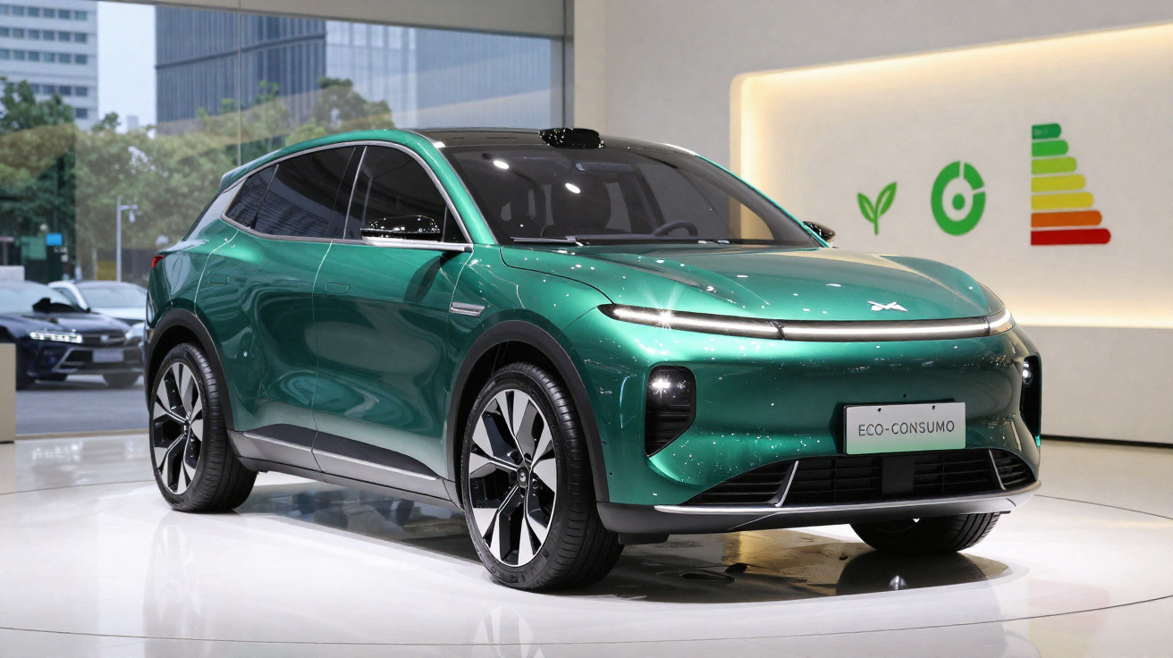 Carro elétrico SUV verde metálico exibido em showroom com painel de consumo ecológico ao fundo.