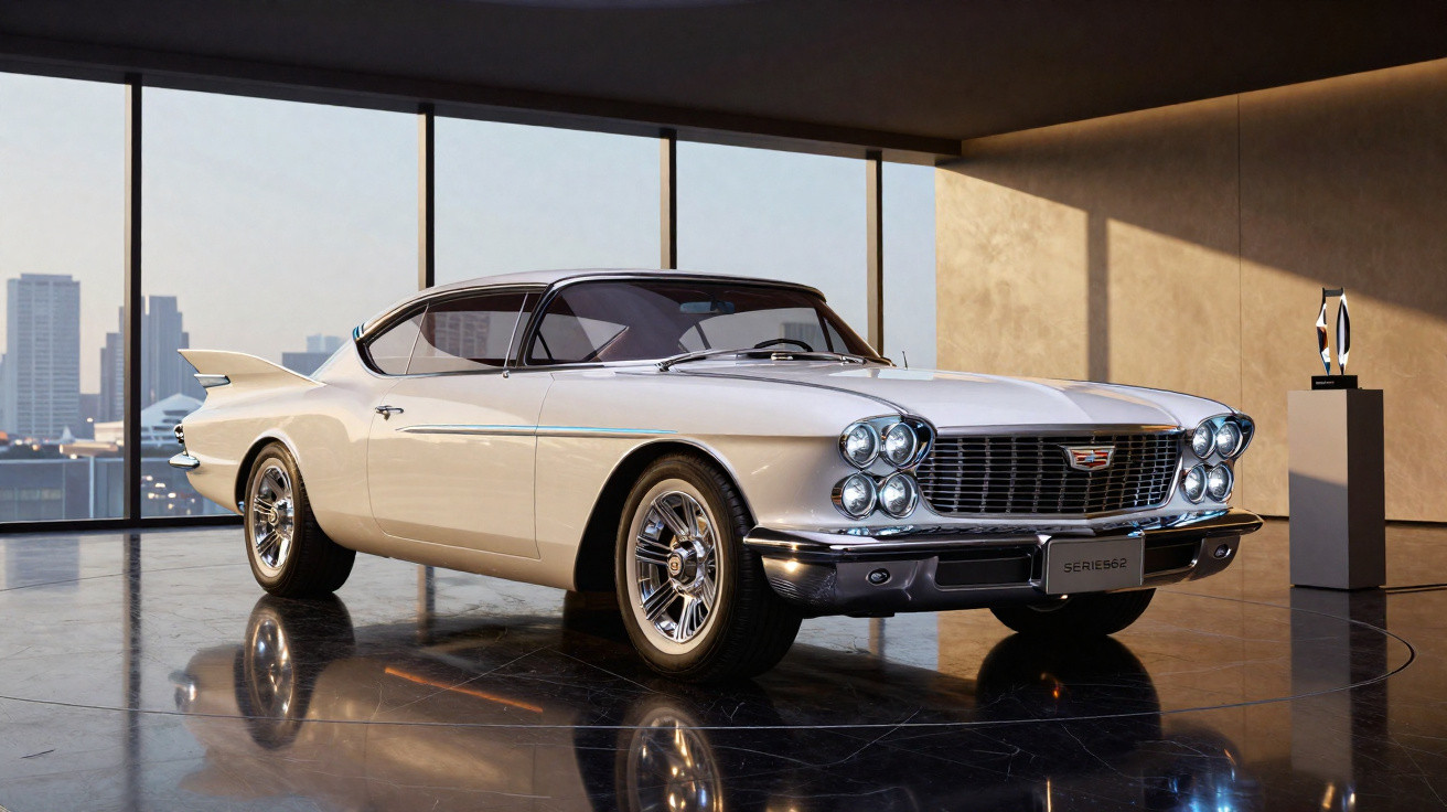 Carro clássico branco com design vintage exposto em espaço moderno com paredes de vidro e vista urbana.
