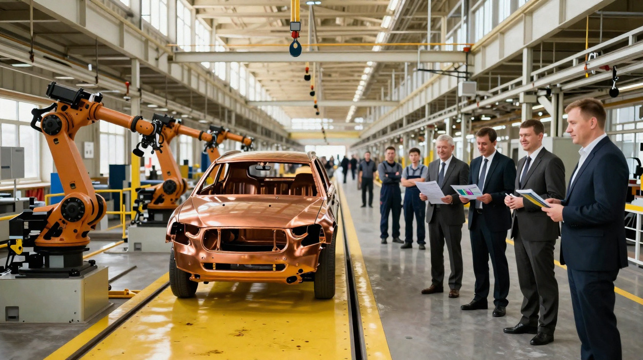 Linha de produção automotiva com carros em montagem e robôs industriais operando em fábrica moderna.