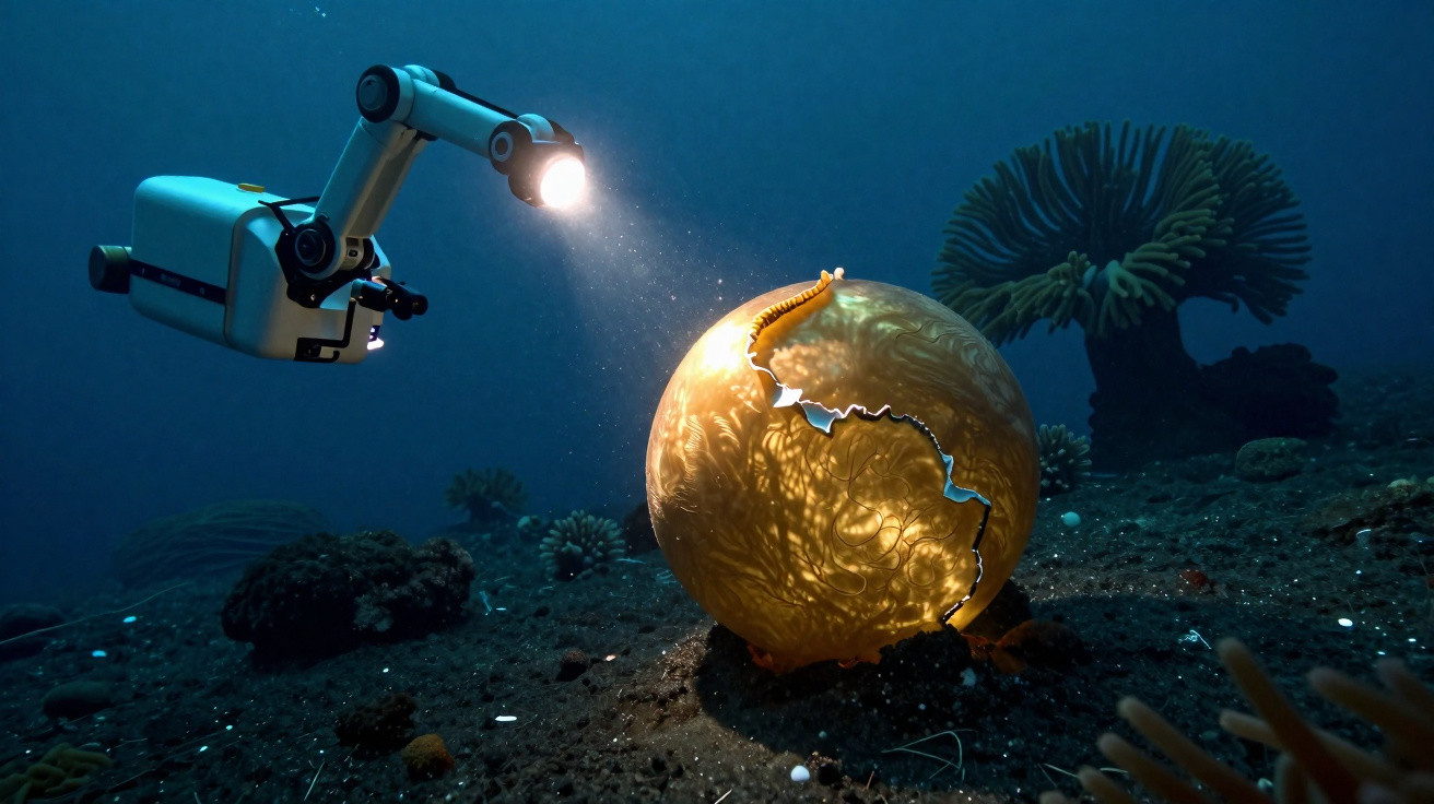 Robô subaquático iluminando um ovo dourado rachado no fundo do mar com corais ao redor.