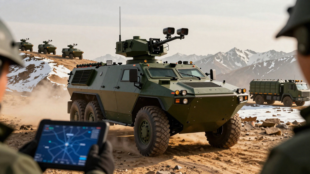 Veículo blindado militar verde em terreno montanhoso com soldados e tablet em primeiro plano.