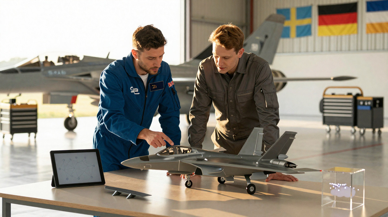 Dois engenheiros analisam modelo de avião em hangar com jato militar ao fundo.