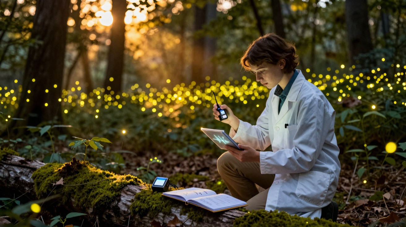 Pesquisador com jaleco branco estuda dados em tablet e walkie-talkie na floresta com vaga-lumes ao fundo.