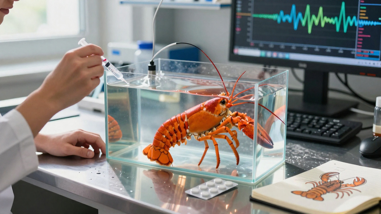 Lagosta em aquário transparente sendo estudada em laboratório com equipamentos eletrônicos e injeção.