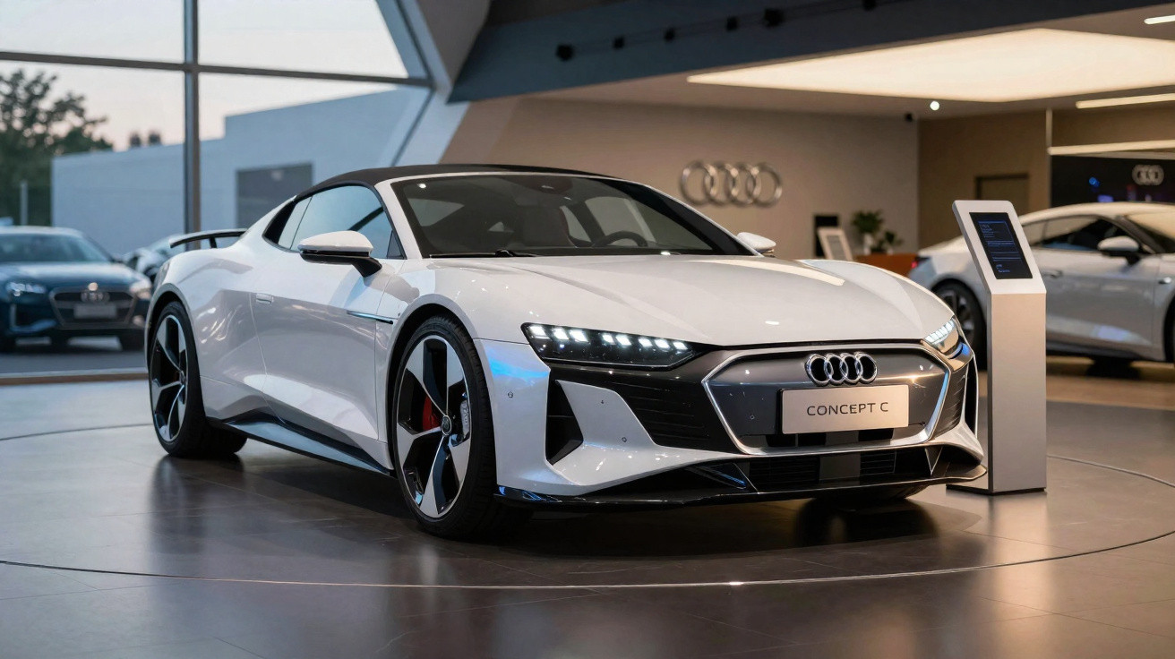 Carro esportivo branco Audi Concept C em exposição dentro de showroom moderno.