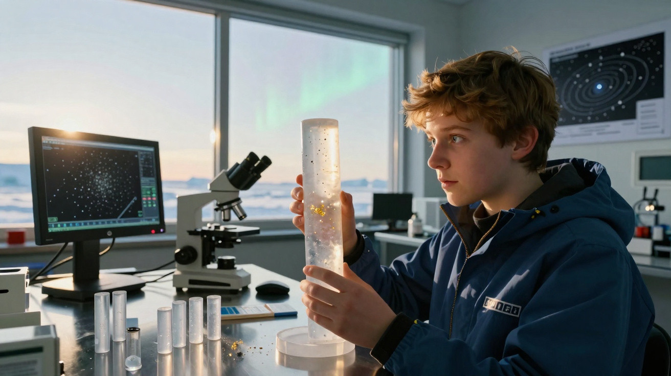 Jovem segurando tubo de ensaio com partículas douradas em laboratório científico iluminado pela aurora boreal.