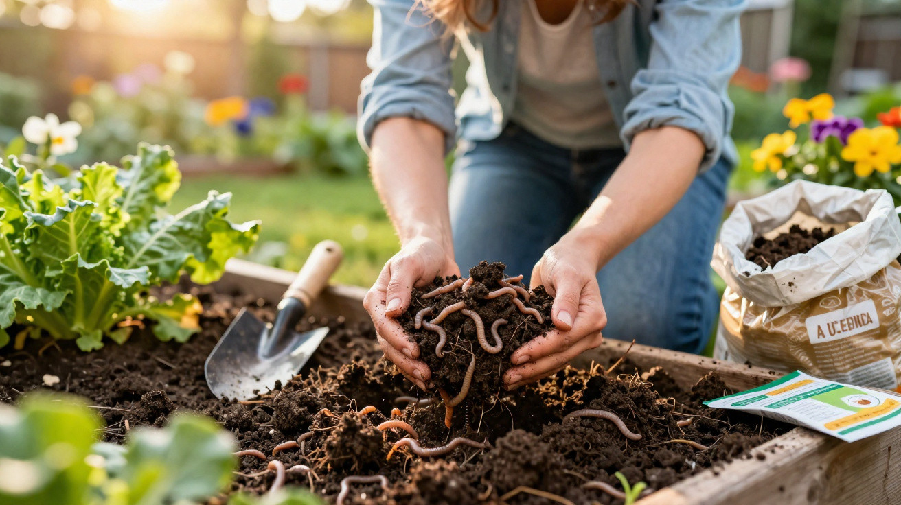 Pessoa segurando terra com minhocas em cama de jardim com plantas ao redor e ferramentas de jardinagem.
