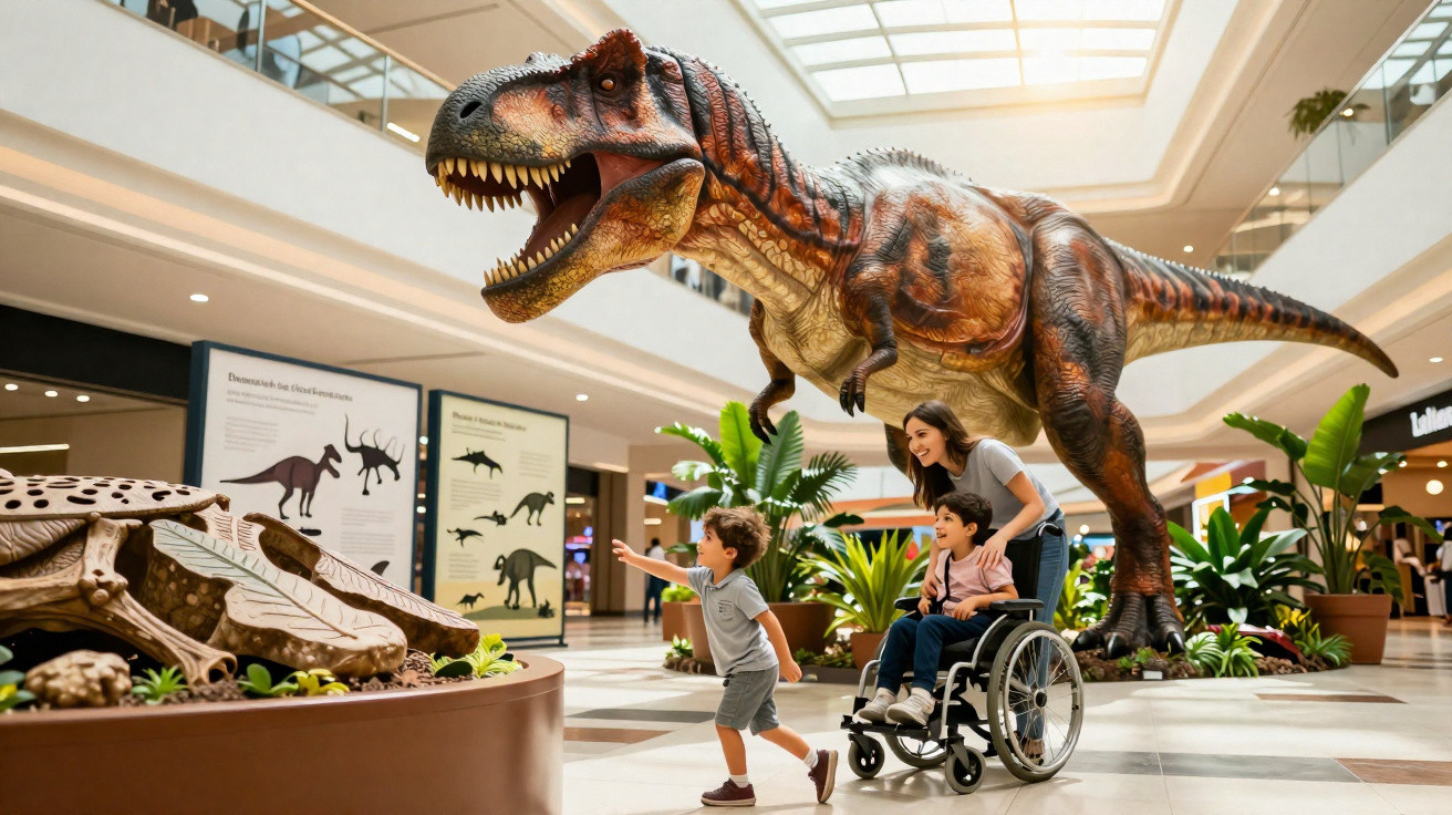 Crianças e mulher observam exposição de dinossauro e fósseis em museu com iluminação natural.