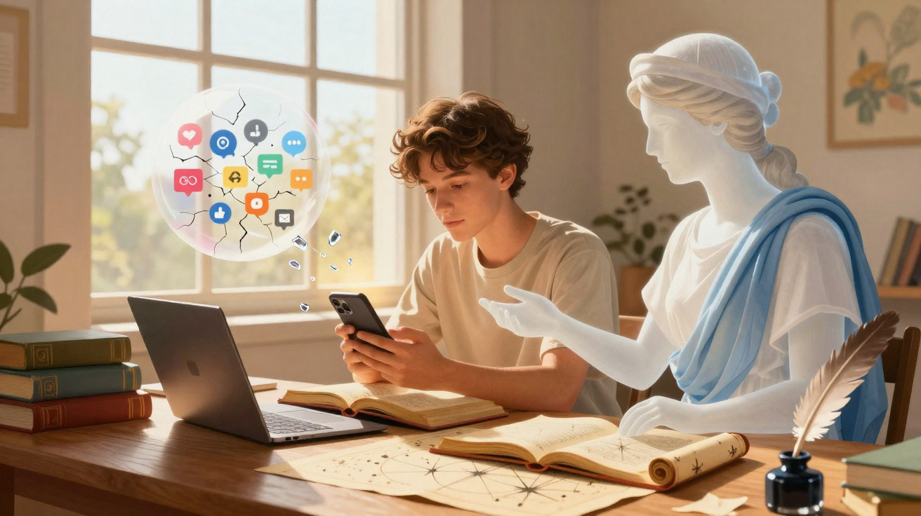 Jovem estudando com laptop e celular, acompanhado por estátua que interage, ícones de redes sociais aparecem flutuando.