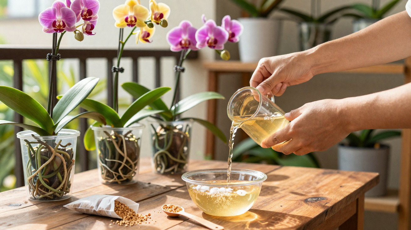 Mãos despejando água em tigela, orquídeas em vasos transparentes e sementes no vaso de madeira.